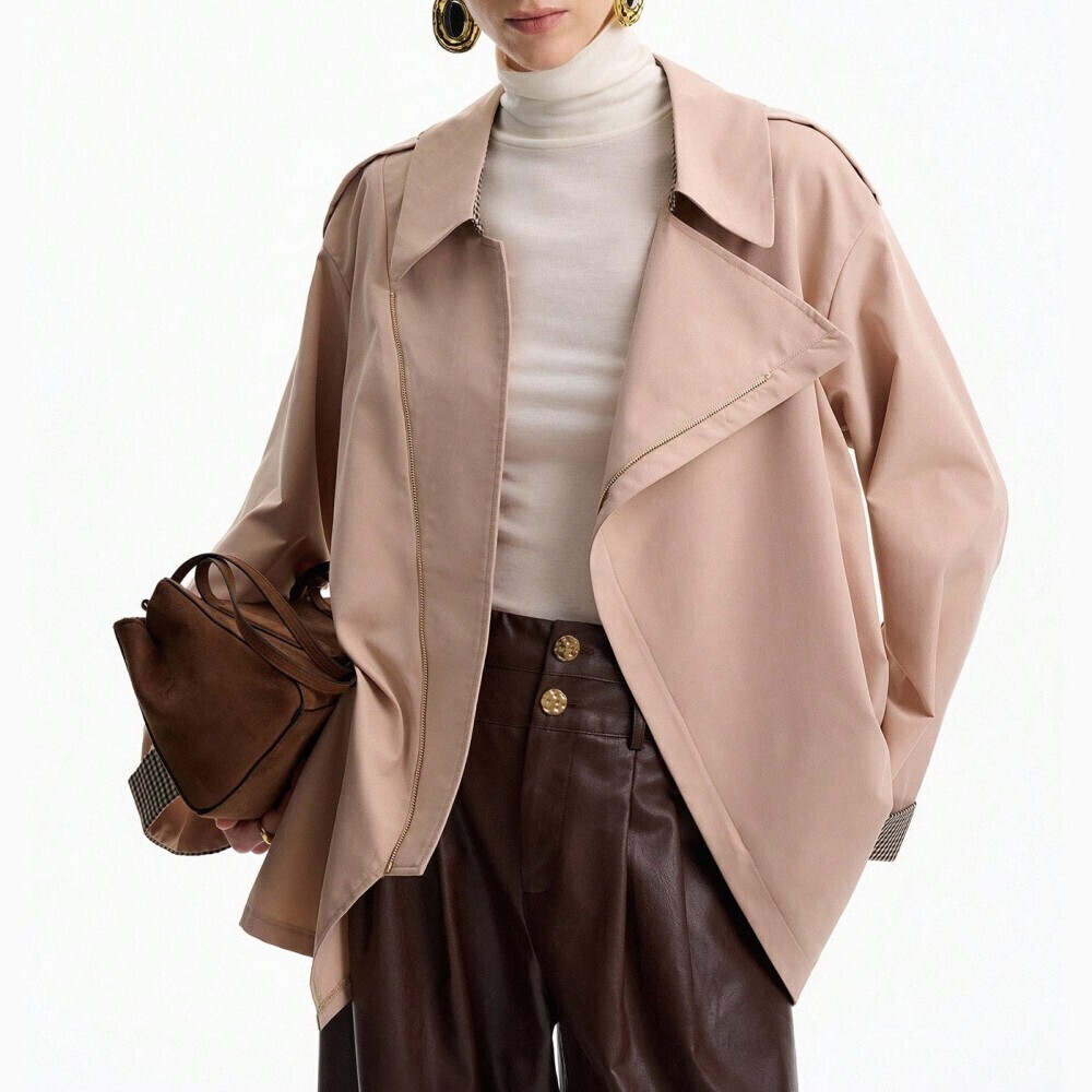 Tan Oversized Trench Coat Jacket with Zip Front Detail